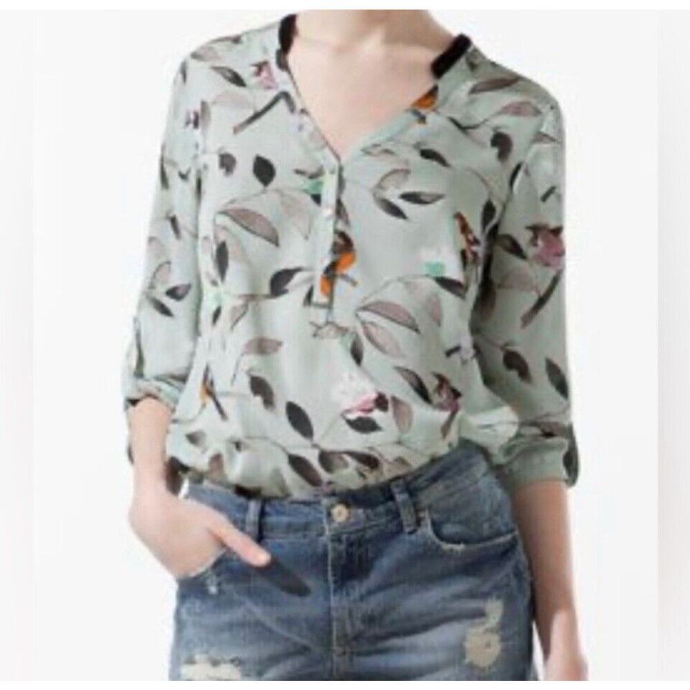 Copied - Zara Blouse Birds Top Sz Large Green Long Sleeve V Neck Green